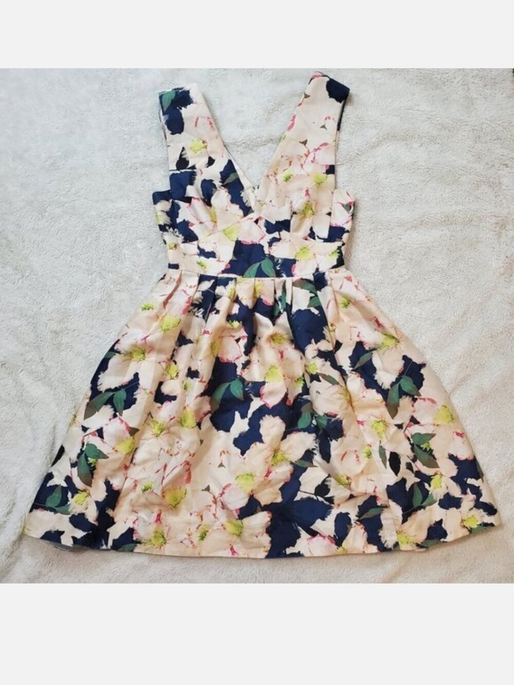 J. Crew Floral Cream Navy Blue Mini Dress Women 0 Silk‎ Wool Romantic Party Prom